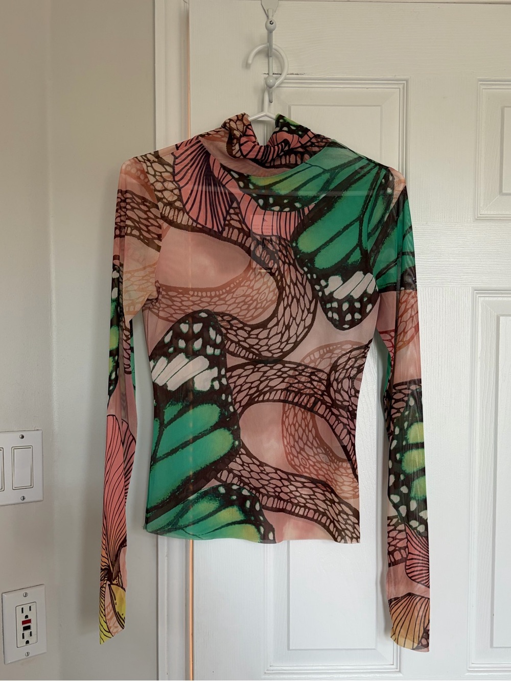 AFRM Long-Sleeve Sheer Mock Neck Top in Pink & Green Butterfly Print